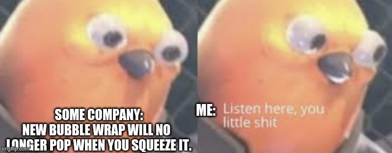 Listen here you little shit bird | SOME COMPANY:
 NEW BUBBLE WRAP WILL NO    LONGER POP WHEN YOU SQUEEZE IT. ME: | image tagged in listen here you little shit bird | made w/ Imgflip meme maker