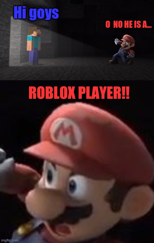 wat | Hi goys; O  NO HE IS A... ROBLOX PLAYER!! | image tagged in mario,roblox,steve | made w/ Imgflip meme maker