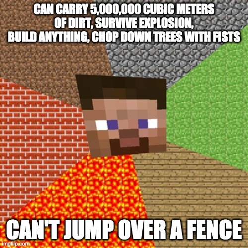 Minecraft common shit #2 | CAN CARRY 5,000,000 CUBIC METERS OF DIRT, SURVIVE EXPLOSION, BUILD ANYTHING, CHOP DOWN TREES WITH FISTS; CAN'T JUMP OVER A FENCE | made w/ Imgflip meme maker