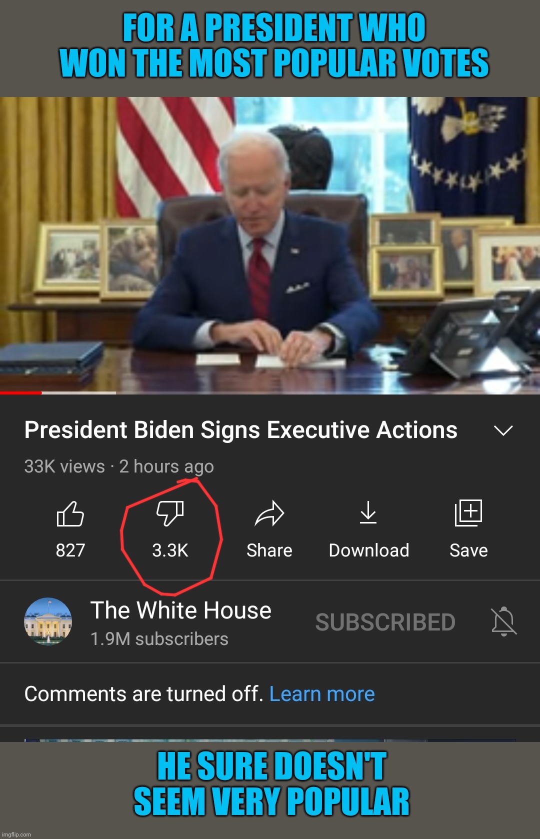 If he was on imgflip he'd be the most downvoted user,  lol | FOR A PRESIDENT WHO WON THE MOST POPULAR VOTES; HE SURE DOESN'T SEEM VERY POPULAR | image tagged in joe biden,worst,president | made w/ Imgflip meme maker