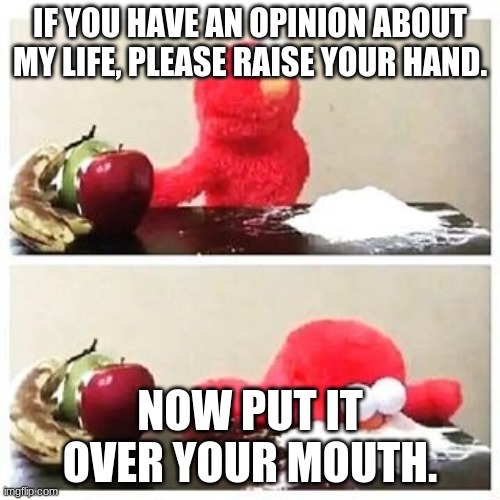elmo cocaine |  IF YOU HAVE AN OPINION ABOUT MY LIFE, PLEASE RAISE YOUR HAND. NOW PUT IT OVER YOUR MOUTH. | image tagged in elmo cocaine | made w/ Imgflip meme maker