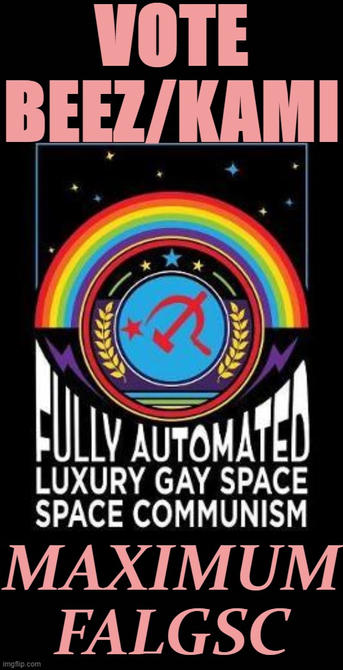 Vote Beez/Kami and we shall distribute free luxury robots to the LGBTQ community | VOTE BEEZ/KAMI; MAXIMUM FALGSC | image tagged in fully automated luxury gay space communism,presidential race,lgbt,lgbtq,communism,space | made w/ Imgflip meme maker