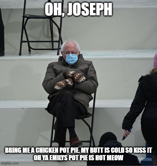 Bernie Mittens | OH, JOSEPH; BRING ME A CHICKEN POT PIE. MY BUTT IS COLD SO KISS IT
OH YA EMILYS POT PIE IS HOT MEOW | image tagged in bernie mittens | made w/ Imgflip meme maker