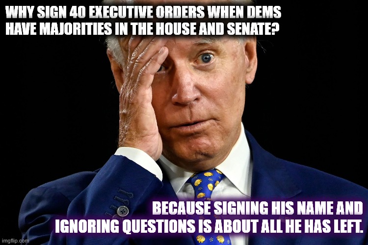 A few more orders | WHY SIGN 40 EXECUTIVE ORDERS WHEN DEMS
HAVE MAJORITIES IN THE HOUSE AND SENATE? BECAUSE SIGNING HIS NAME AND IGNORING QUESTIONS IS ABOUT ALL HE HAS LEFT. | image tagged in joe biden,dumbass,chinese agent,coup d'etat | made w/ Imgflip meme maker
