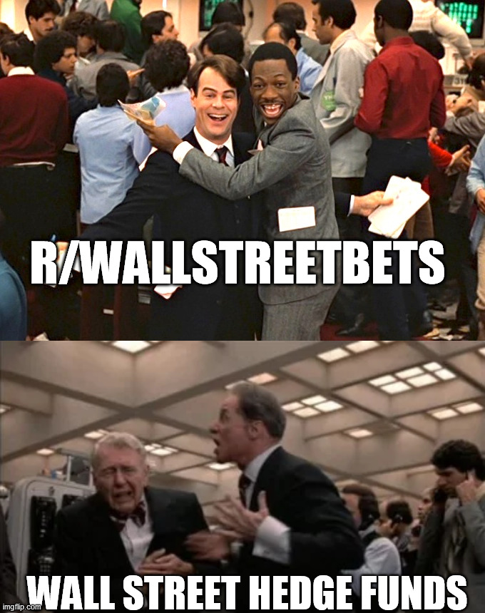 reddit vs. wall street | R/WALLSTREETBETS; WALL STREET HEDGE FUNDS | image tagged in reddit,wall street,gamestop | made w/ Imgflip meme maker