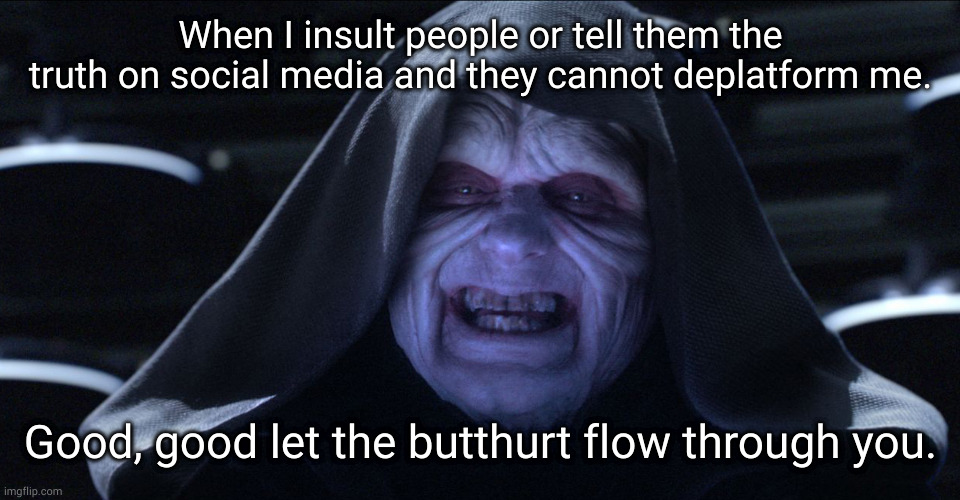 Its an older meme sir, but it checks out. | When I insult people or tell them the truth on social media and they cannot deplatform me. Good, good let the butthurt flow through you. | image tagged in emperor palpatine,damn normies | made w/ Imgflip meme maker