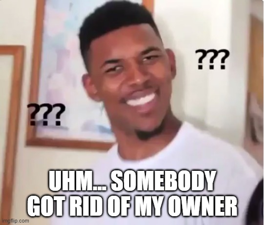 confused nick young | UHM... SOMEBODY GOT RID OF MY OWNER | image tagged in confused nick young | made w/ Imgflip meme maker