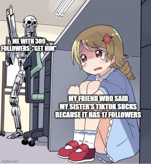 Anime Girl Hiding from Terminator | ME WITH 309 FOLLOWERS: "GET HIM"; MY FRIEND WHO SAID MY SISTER'S TIKTOK SUCKS BECAUSE IT HAS 17 FOLLOWERS | image tagged in anime girl hiding from terminator | made w/ Imgflip meme maker