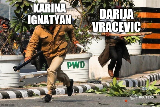 Two JESC girls chasing each other in a marathon be like |  KARINA IGNATYAN; DARIJA VRACEVIC | image tagged in memes,funny,armenia,serbia,singer,girl | made w/ Imgflip meme maker