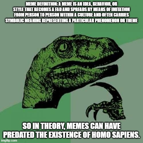 Meme Contemplation | MEME DEFINITION: A MEME IS AN IDEA, BEHAVIOR, OR STYLE THAT BECOMES A FAD AND SPREADS BY MEANS OF IMITATION FROM PERSON TO PERSON WITHIN A CULTURE AND OFTEN CARRIES SYMBOLIC MEANING REPRESENTING A PARTICULAR PHENOMENON OR THEME; SO IN THEORY, MEMES CAN HAVE PREDATED THE EXISTENCE OF HOMO SAPIENS. | image tagged in memes,philosoraptor | made w/ Imgflip meme maker