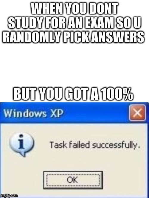 VERY SUCCESSFUL | WHEN YOU DONT STUDY FOR AN EXAM SO U RANDOMLY PICK ANSWERS; BUT YOU GOT A 100% | image tagged in task failed successfully,school meme,xd,funny | made w/ Imgflip meme maker