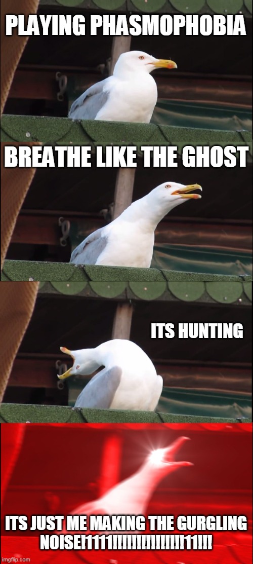 HAHAHAHAHAAHAHHAHAHAHAHAHAHAH | PLAYING PHASMOPHOBIA; BREATHE LIKE THE GHOST; ITS HUNTING; ITS JUST ME MAKING THE GURGLING NOISE!1111!!!!!!!!!!!!!!!11!!! | image tagged in memes,inhaling seagull | made w/ Imgflip meme maker