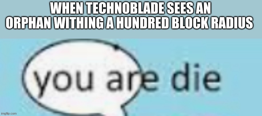 Down with the orphans | WHEN TECHNOBLADE SEES AN ORPHAN WITHING A HUNDRED BLOCK RADIUS | image tagged in technoblade you are die | made w/ Imgflip meme maker