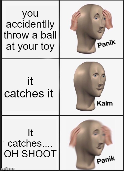 Panik Kalm Panik | you accidentlly throw a ball at your toy; it catches it; It catches.... OH SHOOT | image tagged in memes,panik kalm panik | made w/ Imgflip meme maker