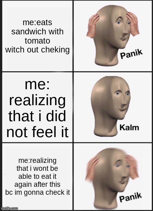 Panik Kalm Panik Meme | me:eats sandwich with tomato witch out cheking; me: realizing that i did not feel it; me:realizing that i wont be able to eat it again after this bc im gonna check it | image tagged in memes,panik kalm panik | made w/ Imgflip meme maker