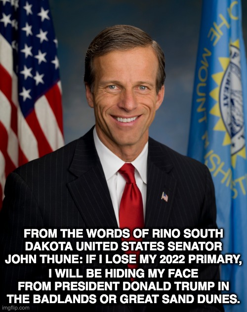 From the Words of RINO South Dakota United States Senator John Thune | FROM THE WORDS OF RINO SOUTH DAKOTA UNITED STATES SENATOR JOHN THUNE: IF I LOSE MY 2022 PRIMARY, I WILL BE HIDING MY FACE FROM PRESIDENT DONALD TRUMP IN THE BADLANDS OR GREAT SAND DUNES. | image tagged in john thune,rino,south dakota,united states senate,memes | made w/ Imgflip meme maker