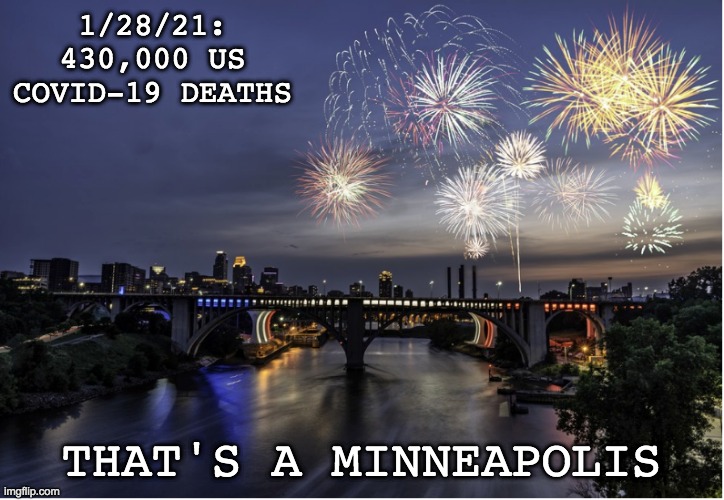 Stay safe, everyone | 1/28/21: 430,000 US
COVID-19 DEATHS; THAT'S A MINNEAPOLIS | image tagged in covid-19,city,death | made w/ Imgflip meme maker