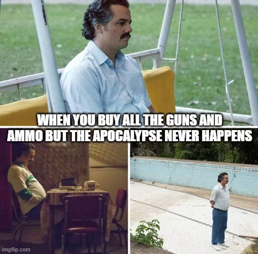 Sad Pablo Escobar | WHEN YOU BUY ALL THE GUNS AND AMMO BUT THE APOCALYPSE NEVER HAPPENS | image tagged in memes,sad pablo escobar | made w/ Imgflip meme maker