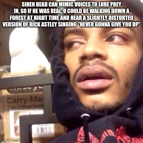 Shower thoughts V1 | SIREN HEAD CAN MIMIC VOICES TO LURE PREY IN, SO IF HE WAS REAL, U COULD BE WALKING DOWN A FOREST AT NIGHT TIME AND HEAR A SLIGHTLY DISTORTED VERSION OF RICK ASTLEY SINGING "NEVER GONNA GIVE YOU UP" | image tagged in coffee enema high thoughts | made w/ Imgflip meme maker