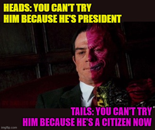 When their position is Two Faced and I'm bad with tenses. | HEADS: YOU CAN'T TRY HIM BECAUSE HE'S PRESIDENT; TAILS: YOU CAN'T TRY HIM BECAUSE HE'S A CITIZEN NOW | image tagged in two-face batman forever,memes,president,citizen,trump,impeachment | made w/ Imgflip meme maker