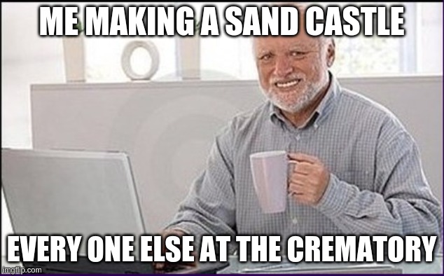 Old guy computer | ME MAKING A SAND CASTLE; EVERY ONE ELSE AT THE CREMATORY | image tagged in old guy computer | made w/ Imgflip meme maker