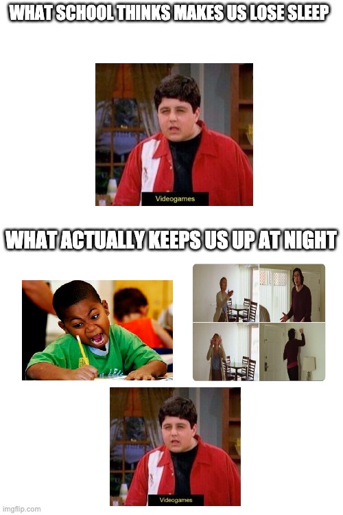 Blank White Template | WHAT SCHOOL THINKS MAKES US LOSE SLEEP; WHAT ACTUALLY KEEPS US UP AT NIGHT | image tagged in blank white template | made w/ Imgflip meme maker
