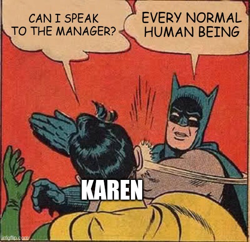 Batman Slapping Robin Meme | CAN I SPEAK TO THE MANAGER? EVERY NORMAL HUMAN BEING; KAREN | image tagged in memes,batman slapping robin | made w/ Imgflip meme maker