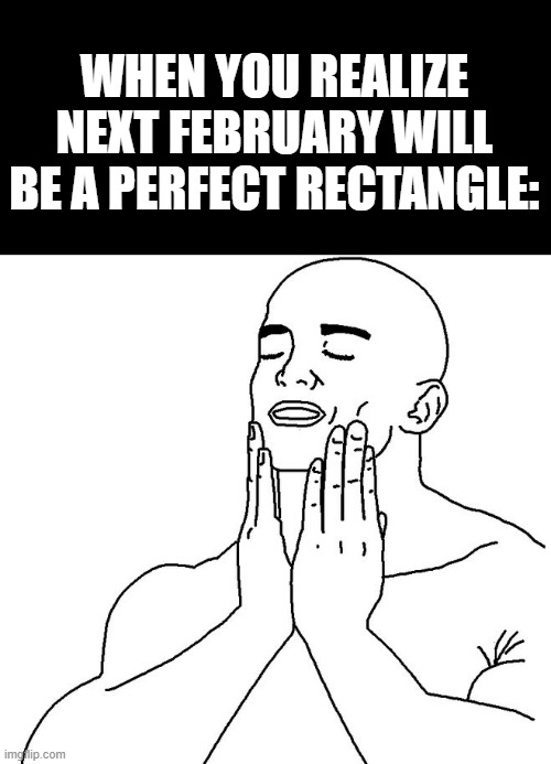*Cries on having Sunday as first day in the calendar* | WHEN YOU REALIZE NEXT FEBRUARY WILL BE A PERFECT RECTANGLE: | image tagged in satisfaction,perfection,perfect,february,rectangle | made w/ Imgflip meme maker