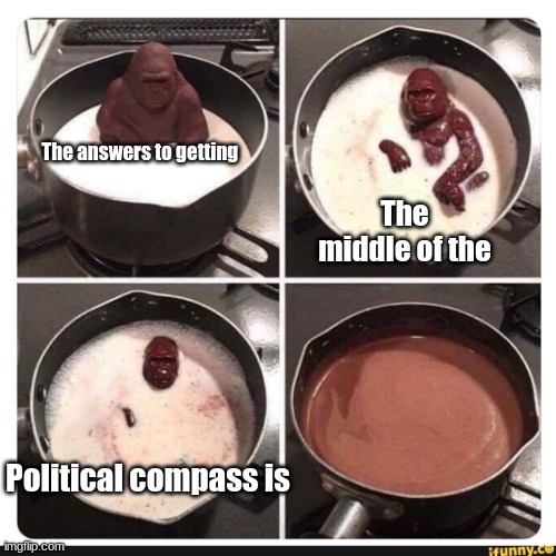Melting gorilla | The answers to getting; The middle of the; Political compass is | image tagged in melting gorilla,political compass | made w/ Imgflip meme maker
