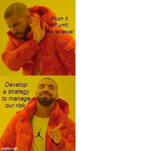 Drake Hotline Bling Meme | Push it off until the renewal; Develop a strategy to manage our risk | image tagged in memes,drake hotline bling | made w/ Imgflip meme maker