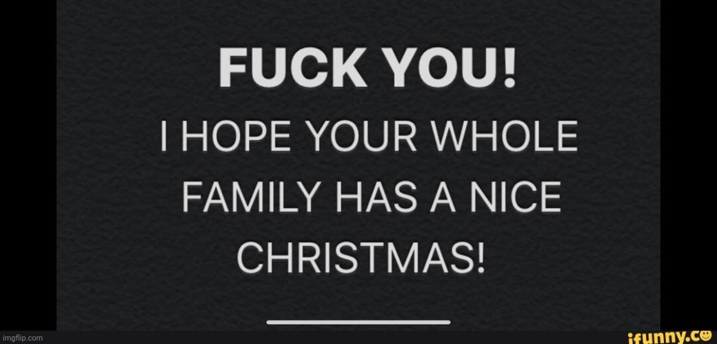 Fuck you! I hope your whole family has a nice Christmas! | image tagged in fuck you i hope your whole family has a nice christmas | made w/ Imgflip meme maker