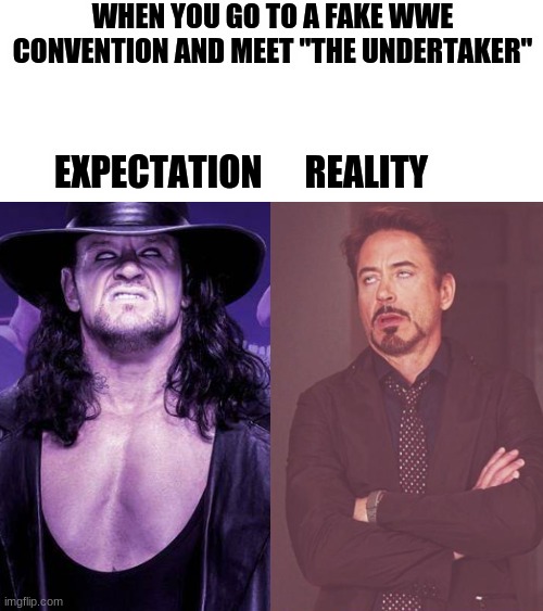 WHEN YOU GO TO A FAKE WWE CONVENTION AND MEET "THE UNDERTAKER"; EXPECTATION      REALITY | image tagged in memes,disaster girl | made w/ Imgflip meme maker