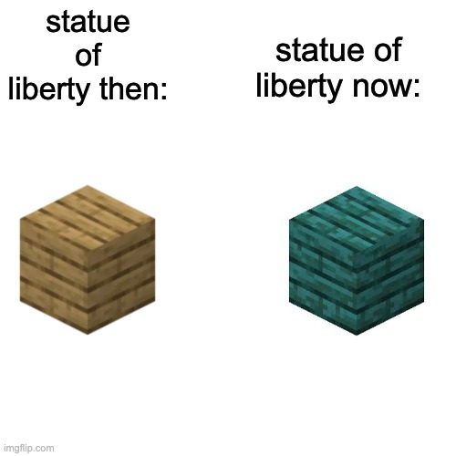 Image Title | statue of liberty then:; statue of liberty now: | image tagged in memes,blank transparent square,statue of liberty,minecraft | made w/ Imgflip meme maker