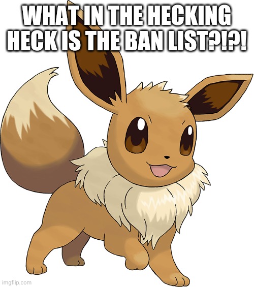 Happy Eevee | WHAT IN THE HECKING HECK IS THE BAN LIST?!?! | image tagged in happy eevee | made w/ Imgflip meme maker