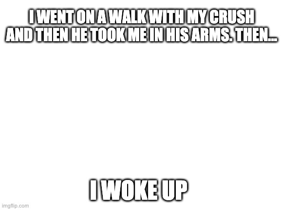 It was all a dream :l | I WENT ON A WALK WITH MY CRUSH AND THEN HE TOOK ME IN HIS ARMS. THEN... I WOKE UP | image tagged in blank white template | made w/ Imgflip meme maker