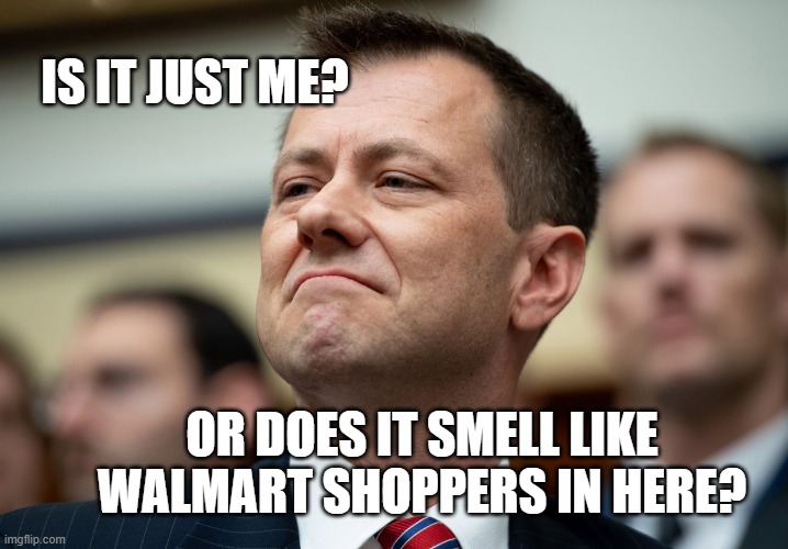 Peter Strzok | IS IT JUST ME? OR DOES IT SMELL LIKE WALMART SHOPPERS IN HERE? | image tagged in walmart life,fbi investigation,donald trump,hurricanes | made w/ Imgflip meme maker