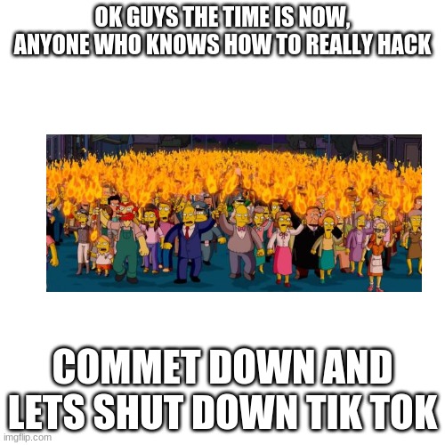 kill tiktok |  OK GUYS THE TIME IS NOW, ANYONE WHO KNOWS HOW TO REALLY HACK; COMMET DOWN AND LETS SHUT DOWN TIK TOK | image tagged in memes,blank transparent square | made w/ Imgflip meme maker