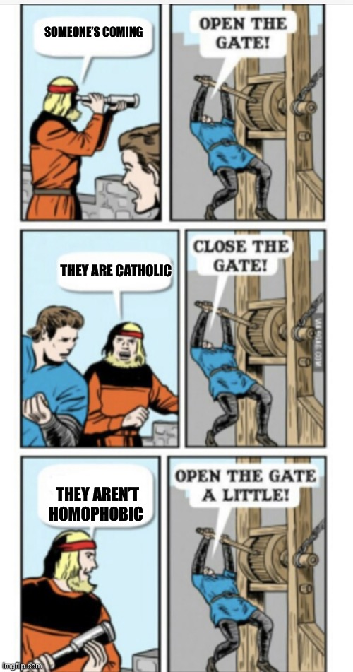 The kingdom of lgbtq people. I protect all of them | SOMEONE’S COMING; THEY ARE CATHOLIC; THEY AREN’T HOMOPHOBIC | image tagged in open the gate | made w/ Imgflip meme maker