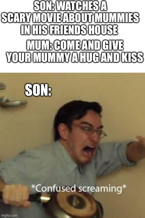 filthy frank confused scream | SON: WATCHES A SCARY MOVIE ABOUT MUMMIES IN HIS FRIENDS HOUSE; MUM: COME AND GIVE YOUR MUMMY A HUG AND KISS; SON: | image tagged in filthy frank confused scream | made w/ Imgflip meme maker