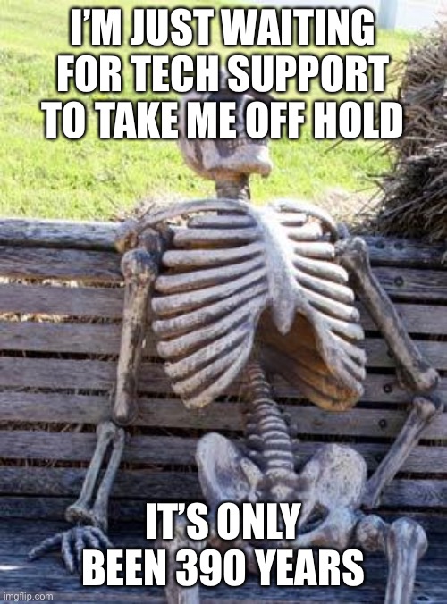 Waiting Skeleton | I’M JUST WAITING FOR TECH SUPPORT TO TAKE ME OFF HOLD; IT’S ONLY BEEN 390 YEARS | image tagged in memes,waiting skeleton | made w/ Imgflip meme maker