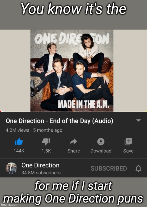 I'm perfectly fine, totally not in de-NIALL, or in any PAYNE. If I die I'm going out in STYLES | You know it's the; for me if I start making One Direction puns | made w/ Imgflip meme maker