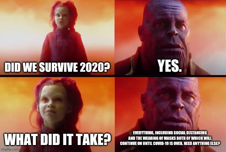 thanos what did it cost | DID WE SURVIVE 2020? YES. WHAT DID IT TAKE? EVERYTHING, INCLUDING SOCIAL DISTANCING AND THE WEARING OF MASKS BOTH OF WHICH WILL CONTINUE ON UNTIL COVID-19 IS OVER. NEED ANYTHING ELSE? | image tagged in thanos what did it cost,memes,covid-19,2020 sucked,2020,savage memes | made w/ Imgflip meme maker