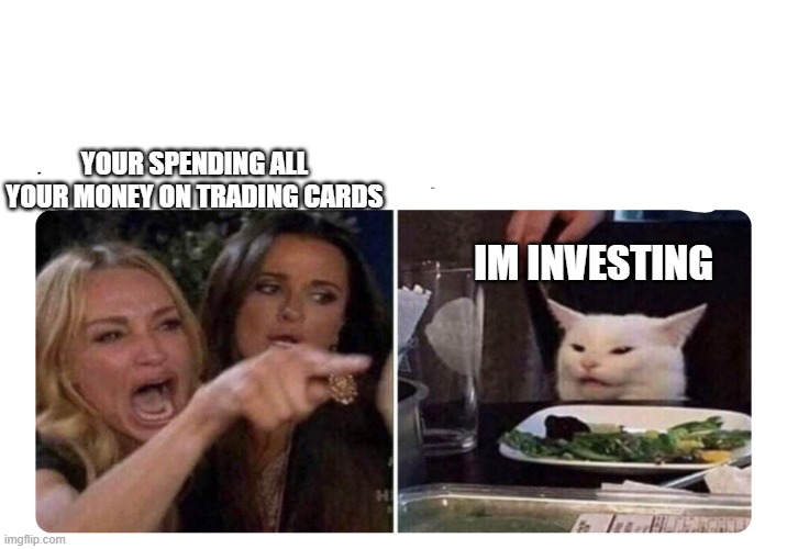 Housewives cat | YOUR SPENDING ALL YOUR MONEY ON TRADING CARDS; IM INVESTING | image tagged in housewives cat | made w/ Imgflip meme maker