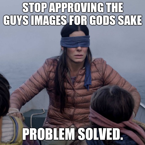 Bird Box | STOP APPROVING THE GUYS IMAGES FOR GODS SAKE; PROBLEM SOLVED. | image tagged in memes,bird box | made w/ Imgflip meme maker