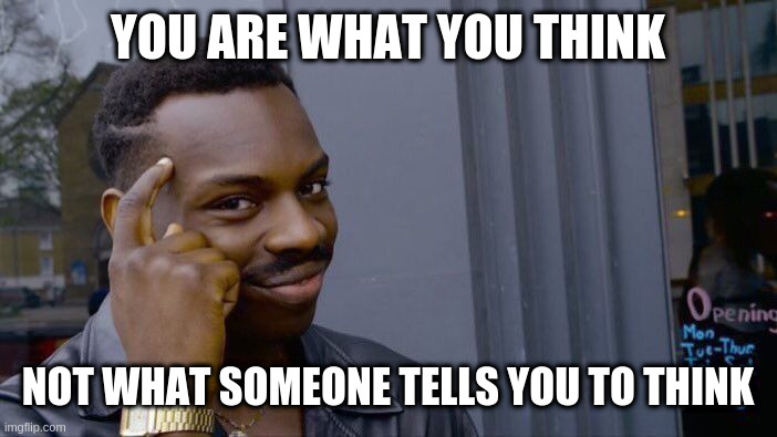 Roll Safe Think About It | YOU ARE WHAT YOU THINK; NOT WHAT SOMEONE TELLS YOU TO THINK | image tagged in memes,roll safe think about it | made w/ Imgflip meme maker
