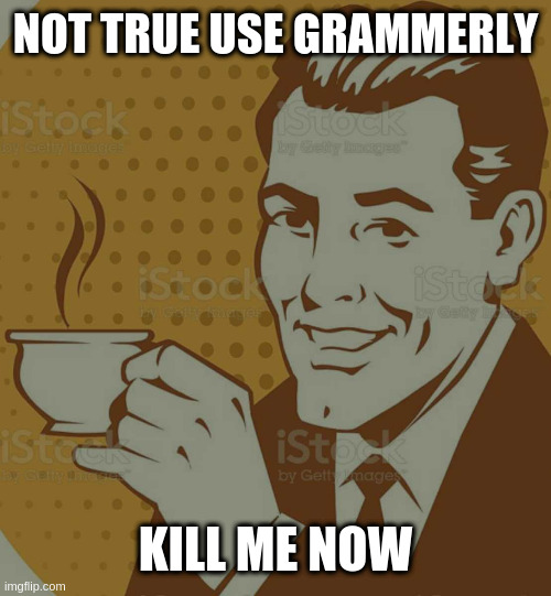 Mug Approval | NOT TRUE USE GRAMMERLY KILL ME NOW | image tagged in mug approval | made w/ Imgflip meme maker