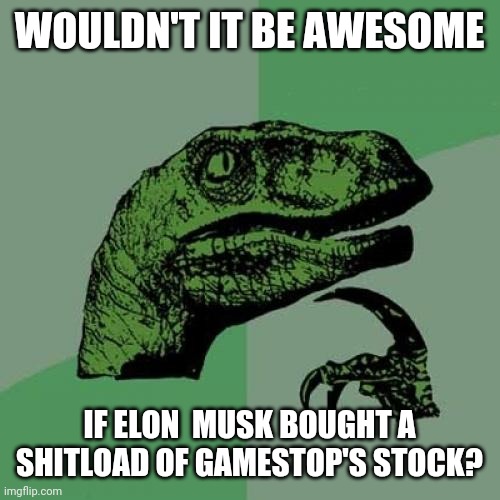 Philosoraptor | WOULDN'T IT BE AWESOME; IF ELON  MUSK BOUGHT A SHITLOAD OF GAMESTOP'S STOCK? | image tagged in memes,philosoraptor | made w/ Imgflip meme maker