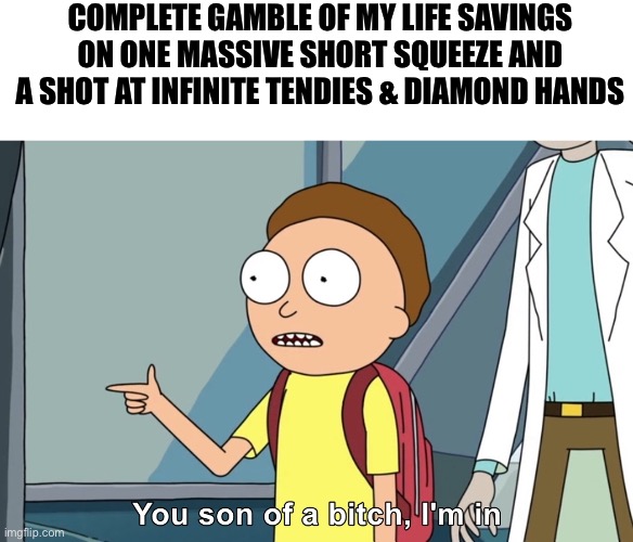 You son of a bitch, I’m in | COMPLETE GAMBLE OF MY LIFE SAVINGS ON ONE MASSIVE SHORT SQUEEZE AND A SHOT AT INFINITE TENDIES & DIAMOND HANDS | image tagged in you son of a bitch i m in,stonks,gamestop,amc,stock market,wolf of wallstreet | made w/ Imgflip meme maker
