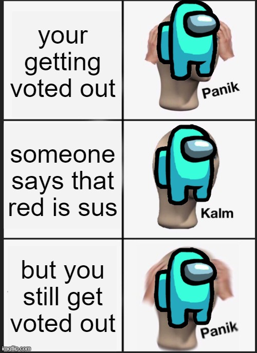 among us |  your getting voted out; someone says that red is sus; but you still get voted out | image tagged in memes,panik kalm panik | made w/ Imgflip meme maker