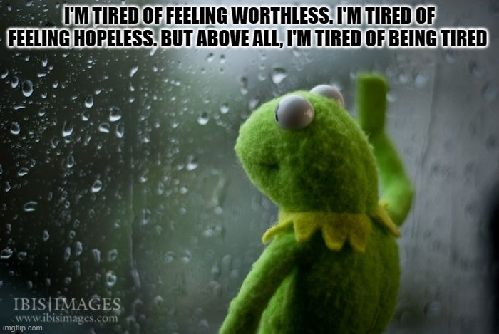 kermit window | I'M TIRED OF FEELING WORTHLESS. I'M TIRED OF FEELING HOPELESS. BUT ABOVE ALL, I'M TIRED OF BEING TIRED | image tagged in kermit window | made w/ Imgflip meme maker